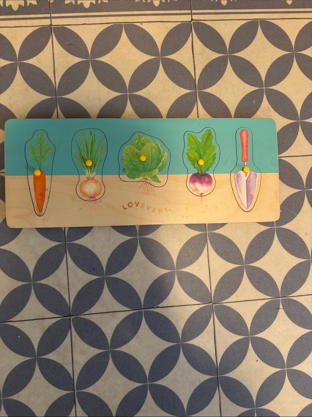 Lovevery Garden Peg Puzzle - Wood Vegetable Play Board, Aqua & Natural
